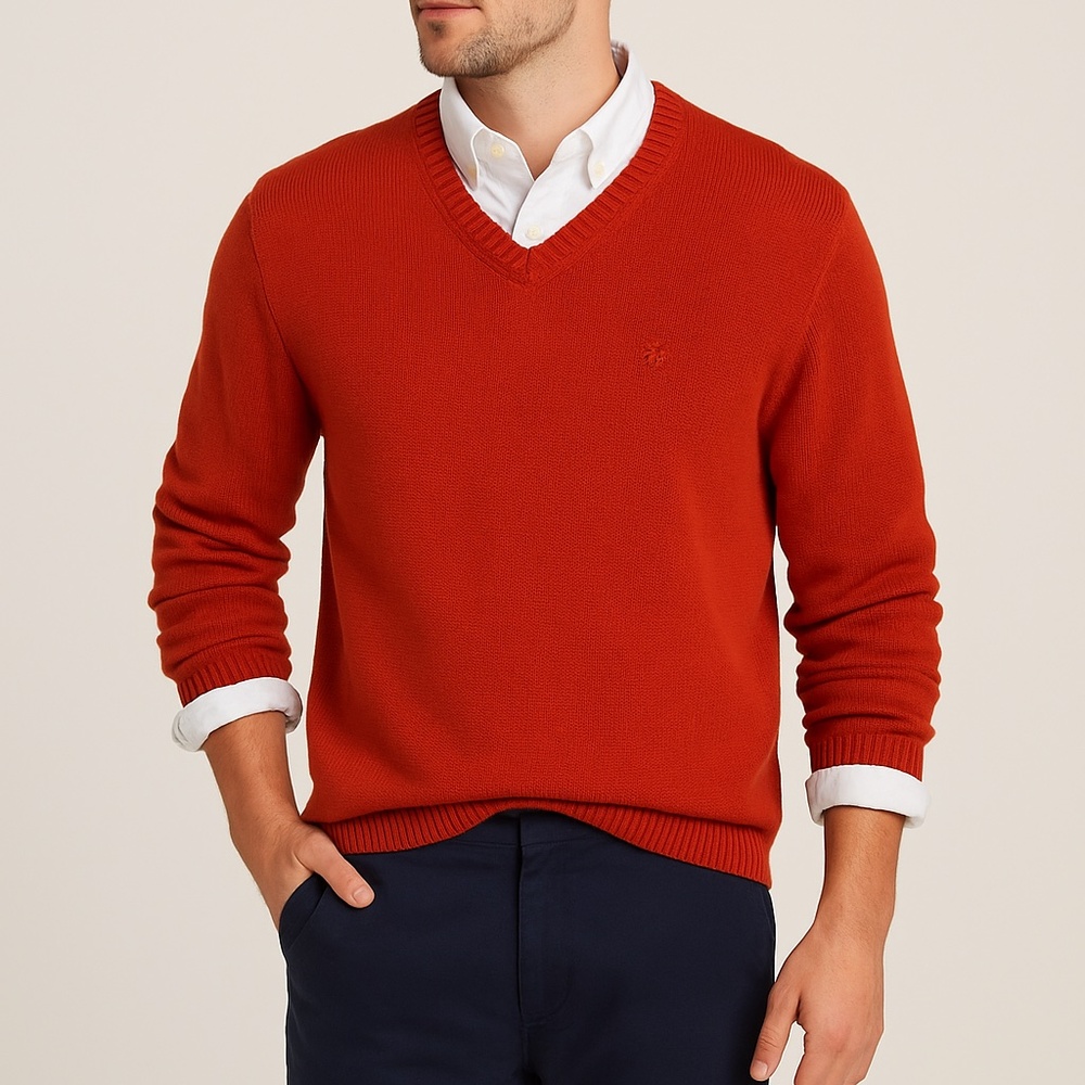 IZOD Men’s Burnt Orange V-Neck Sweater Size M Cotton Blend